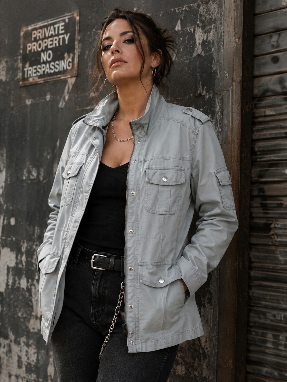 Kensie Light Gray Utility Jacket with Snap Pockets